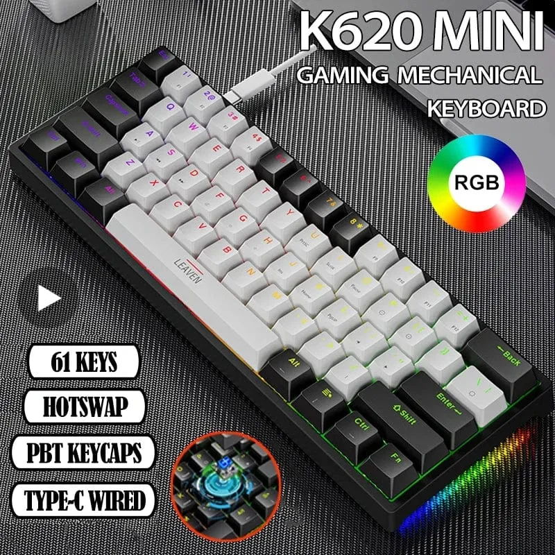 K620 Mini-RGB-Gaming-Mechanische Tastatur mit Hintergrundbeleuchtung, Gamer-Mechaniker-Kit, 60 Prozent DIY, benutzerdefinierte PBT-Tastenkappe, Hotswap, Rosa, Weiß, USB, PC