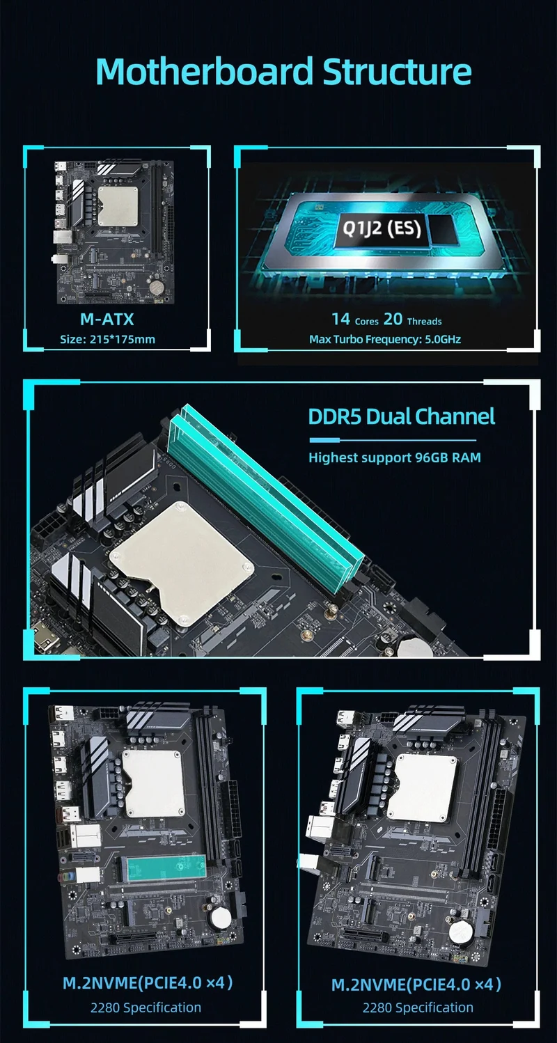 ATX DIY Desktop-Motherboard mit Onboard 13. Kit Interposer Core CPU Q1J2 (i7 ES 0000) 14C20T Iris Xe Grafik DDR5 RAM
