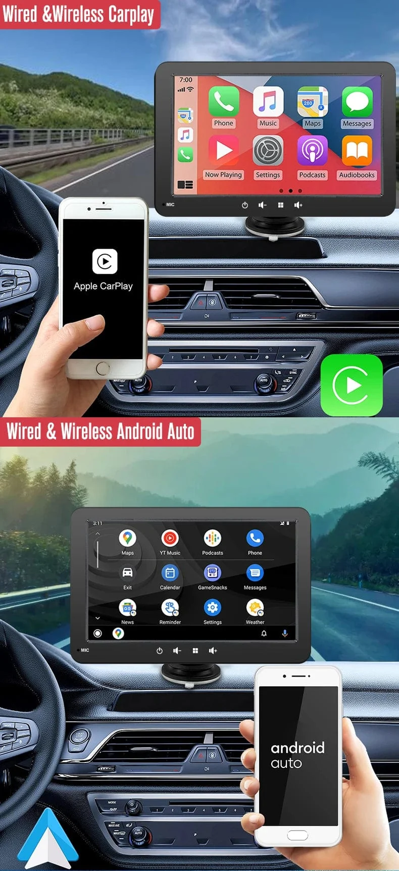 Universal 7 Zoll Autoradio Multimedia Video Player Drahtlose Carplay Android Auto Touchscreen Bluetooth Auto Intelligente Systeme