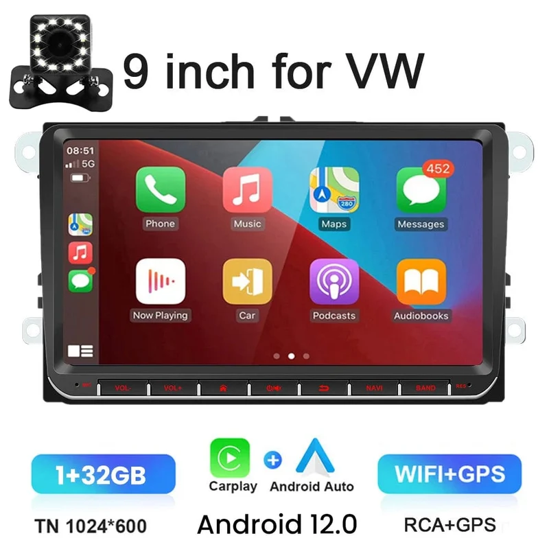 9" Autoradio Android 12 für VW Passat 6 7 CC Polo GOLF 5 6 Touran T5 WiFi GPS Navigation BT WiFi Split Screen Head Unit FM Radio