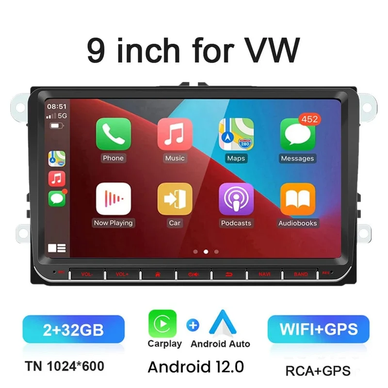 9" Autoradio Android 12 für VW Passat 6 7 CC Polo GOLF 5 6 Touran T5 WiFi GPS Navigation BT WiFi Split Screen Head Unit FM Radio