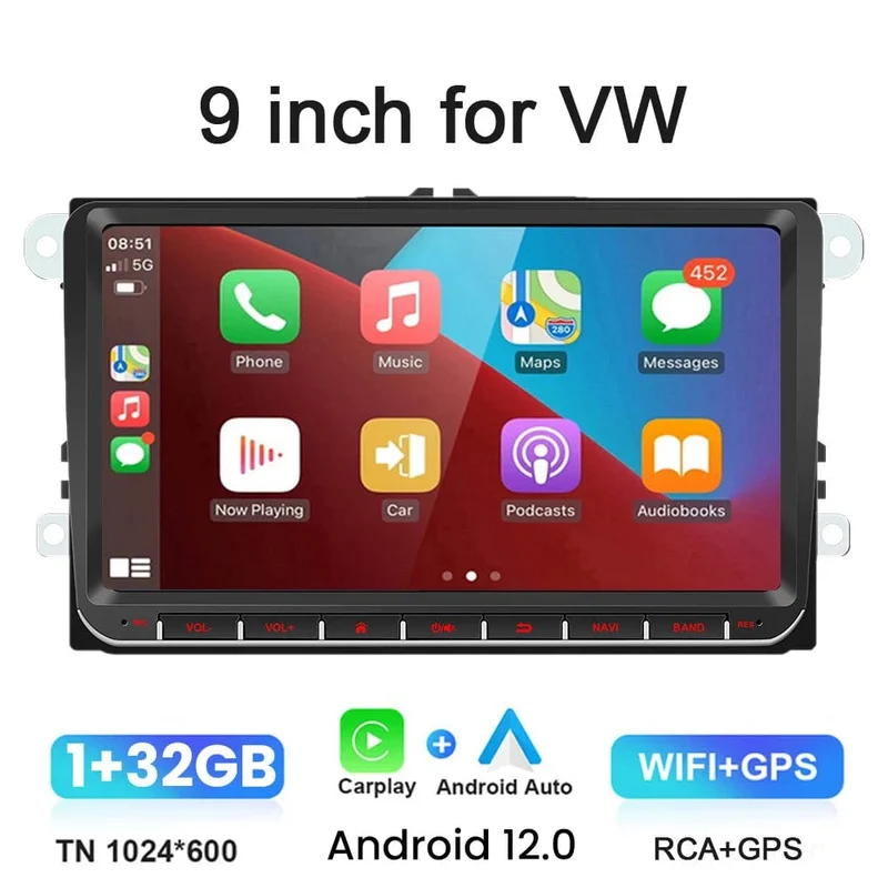9" Autoradio Android 12 für VW Passat 6 7 CC Polo GOLF 5 6 Touran T5 WiFi GPS Navigation BT WiFi Split Screen Head Unit FM Radio