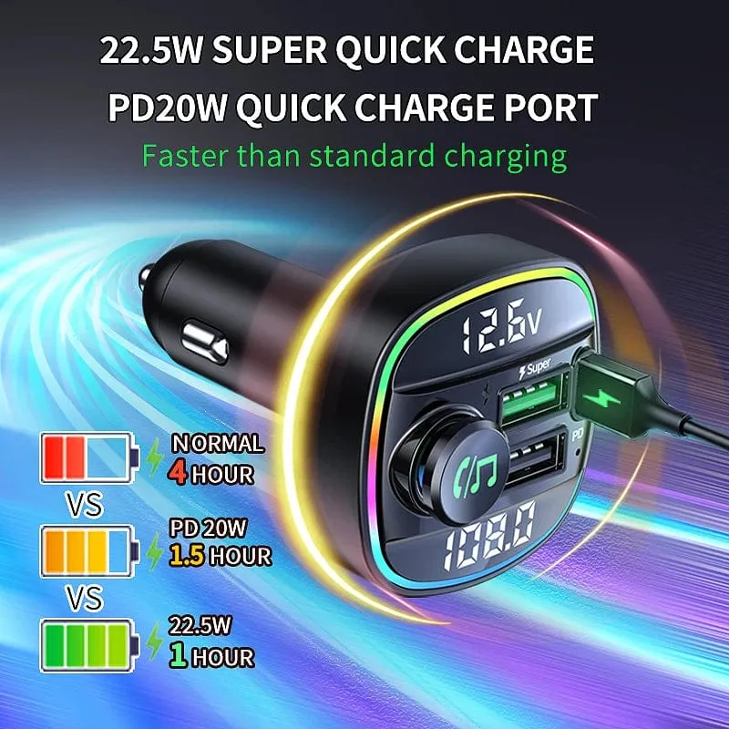 Bluetooth 5.0 FM-Transmitter Freisprecheinrichtung Autoradio-Modulator MP3-Player mit 22.5 W USB-Super-Quick-Charge-Adapter fürs Auto