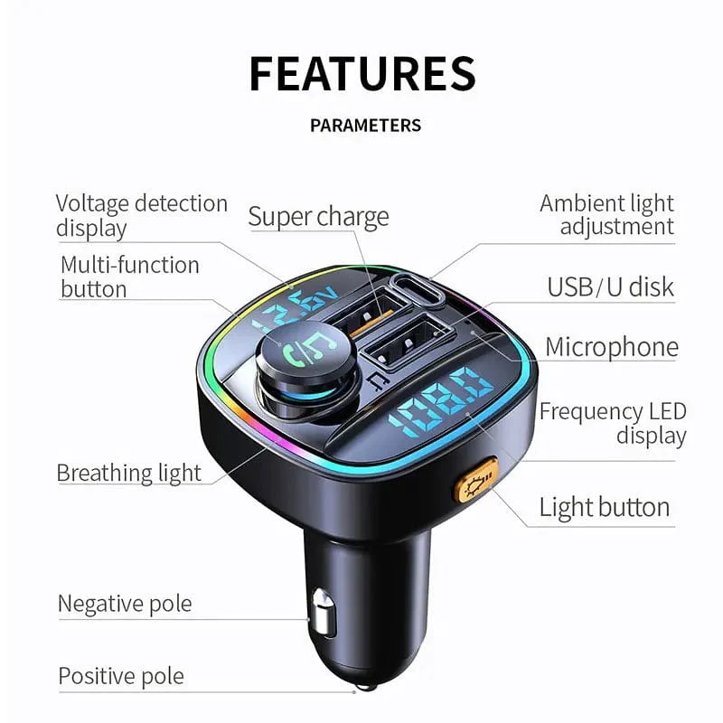 Bluetooth 5.0 FM-Transmitter Freisprecheinrichtung Autoradio-Modulator MP3-Player mit 22.5 W USB-Super-Quick-Charge-Adapter fürs Auto