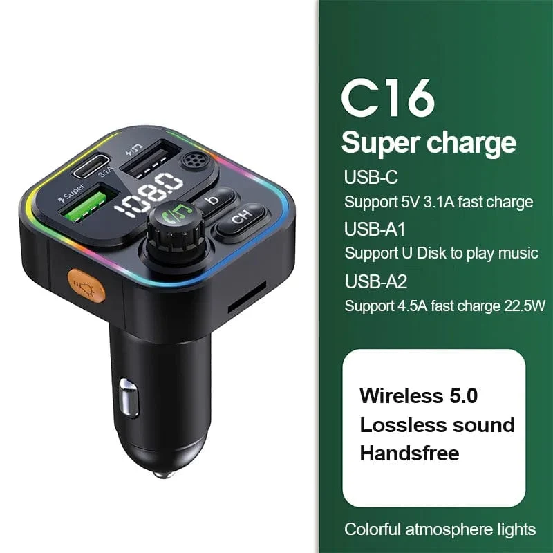 Bluetooth 5.0 FM-Transmitter Freisprecheinrichtung Autoradio-Modulator MP3-Player mit 22.5 W USB-Super-Quick-Charge-Adapter fürs Auto
