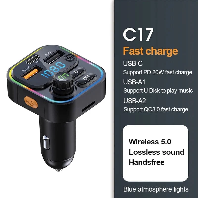 Bluetooth 5.0 FM-Transmitter Freisprecheinrichtung Autoradio-Modulator MP3-Player mit 22.5 W USB-Super-Quick-Charge-Adapter fürs Auto