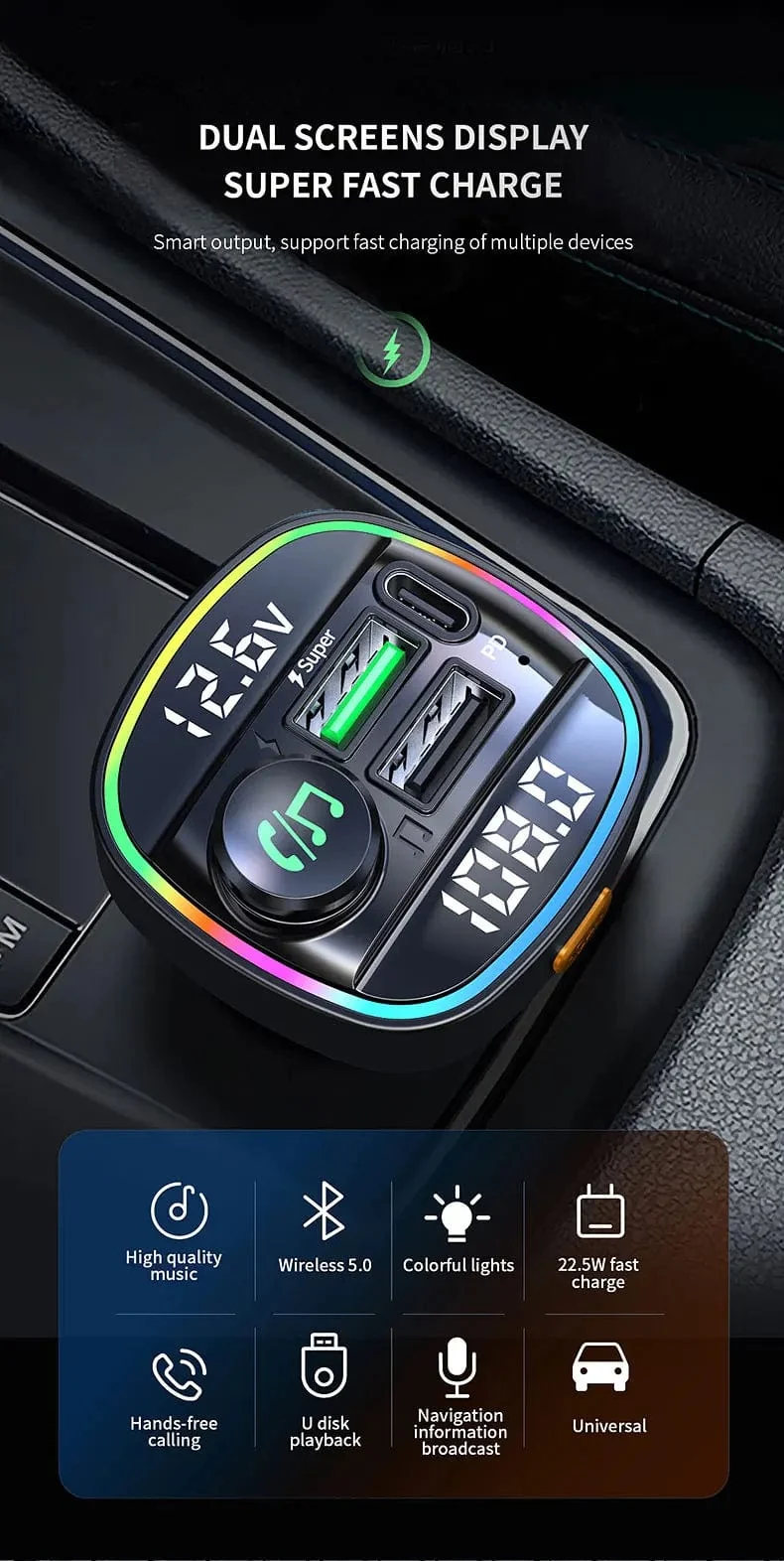 Bluetooth 5.0 FM-Transmitter Freisprecheinrichtung Autoradio-Modulator MP3-Player mit 22.5 W USB-Super-Quick-Charge-Adapter fürs Auto