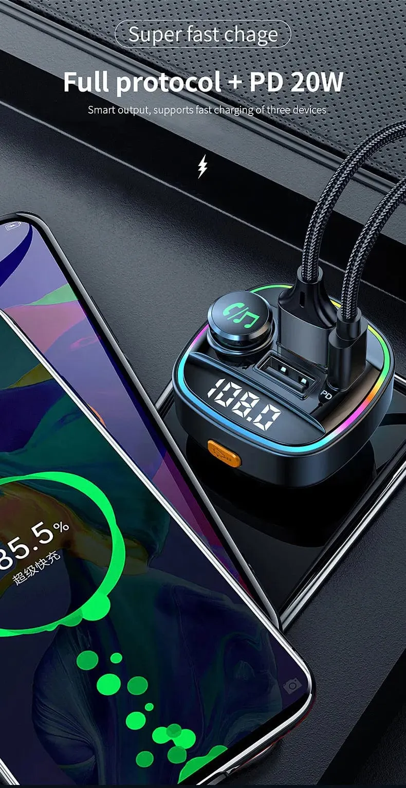 Bluetooth 5.0 FM-Transmitter Freisprecheinrichtung Autoradio-Modulator MP3-Player mit 22.5 W USB-Super-Quick-Charge-Adapter fürs Auto