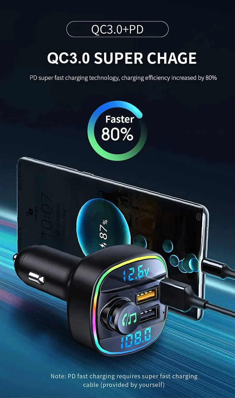 Bluetooth 5.0 FM-Transmitter Freisprecheinrichtung Autoradio-Modulator MP3-Player mit 22.5 W USB-Super-Quick-Charge-Adapter fürs Auto