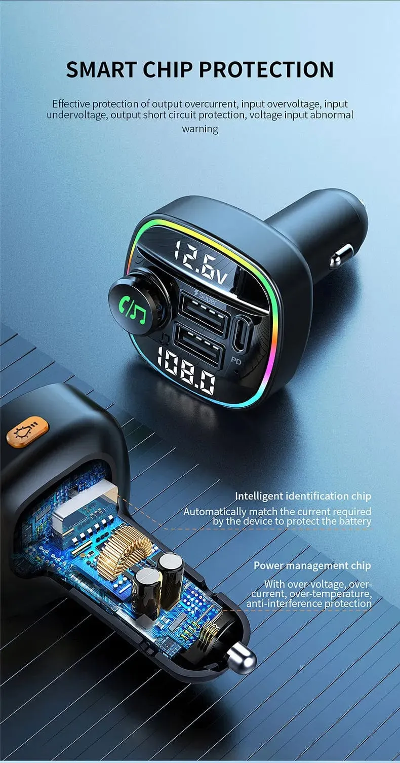 Bluetooth 5.0 FM-Transmitter Freisprecheinrichtung Autoradio-Modulator MP3-Player mit 22.5 W USB-Super-Quick-Charge-Adapter fürs Auto