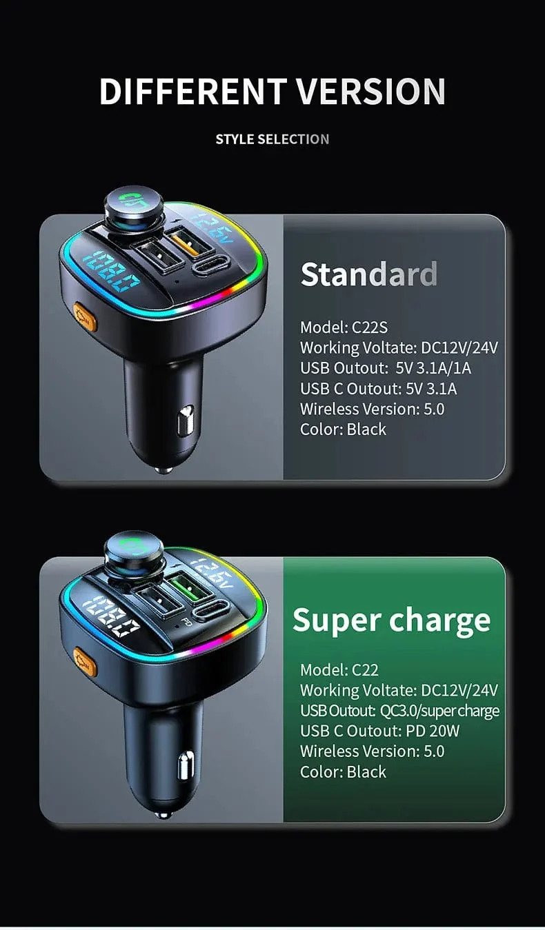 Bluetooth 5.0 FM-Transmitter Freisprecheinrichtung Autoradio-Modulator MP3-Player mit 22.5 W USB-Super-Quick-Charge-Adapter fürs Auto