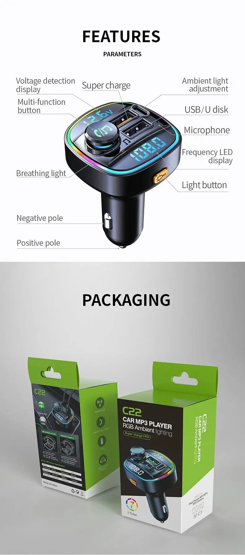 Bluetooth 5.0 FM-Transmitter Freisprecheinrichtung Autoradio-Modulator MP3-Player mit 22.5 W USB-Super-Quick-Charge-Adapter fürs Auto