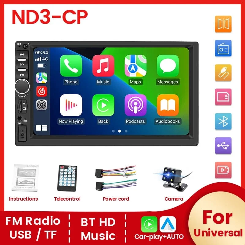 7-Zoll-HD-Touchscreen, Universal-Autoradio, MP5, Multimedia-Video-Player, unterstützt BT, SWC, TF-Kamera, FM-Radio, MirrorLink, Carplay