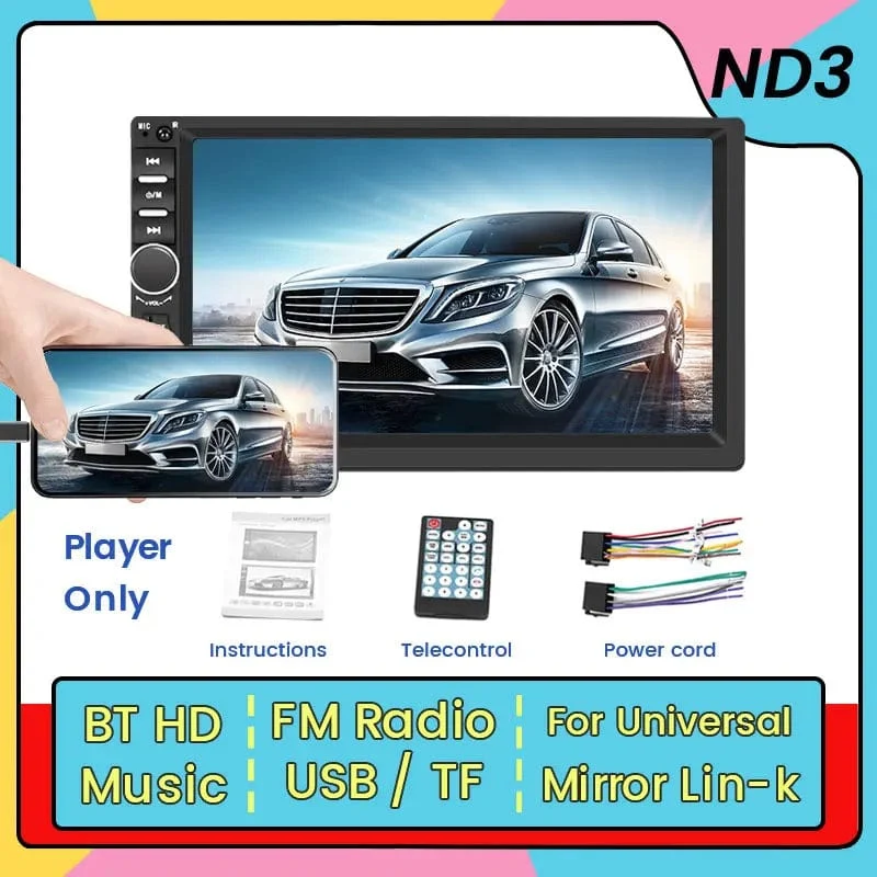 7-Zoll-HD-Touchscreen, Universal-Autoradio, MP5, Multimedia-Video-Player, unterstützt BT, SWC, TF-Kamera, FM-Radio, MirrorLink, Carplay