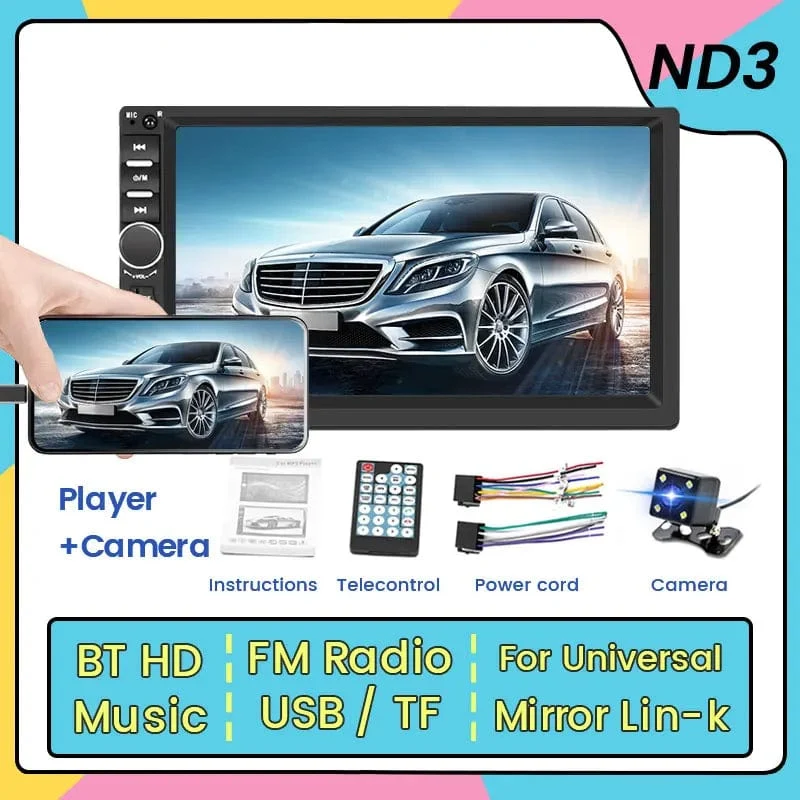 7-Zoll-HD-Touchscreen, Universal-Autoradio, MP5, Multimedia-Video-Player, unterstützt BT, SWC, TF-Kamera, FM-Radio, MirrorLink, Carplay
