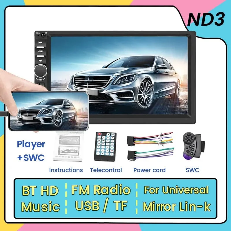 7-Zoll-HD-Touchscreen, Universal-Autoradio, MP5, Multimedia-Video-Player, unterstützt BT, SWC, TF-Kamera, FM-Radio, MirrorLink, Carplay