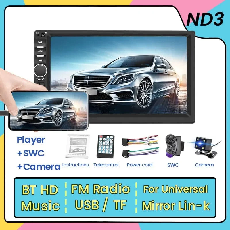7-Zoll-HD-Touchscreen, Universal-Autoradio, MP5, Multimedia-Video-Player, unterstützt BT, SWC, TF-Kamera, FM-Radio, MirrorLink, Carplay