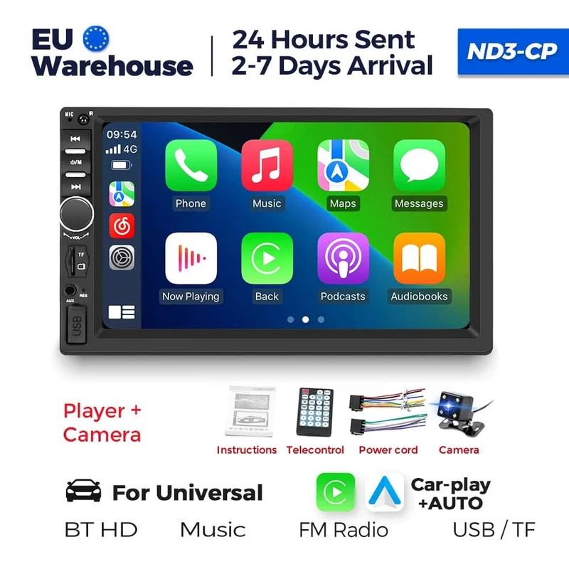 7-Zoll-HD-Touchscreen, Universal-Autoradio, MP5, Multimedia-Video-Player, unterstützt BT, SWC, TF-Kamera, FM-Radio, MirrorLink, Carplay