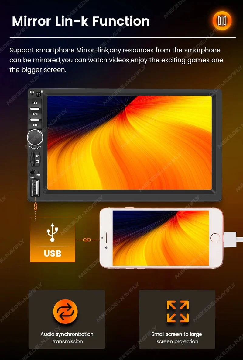 7-Zoll-HD-Touchscreen, Universal-Autoradio, MP5, Multimedia-Video-Player, unterstützt BT, SWC, TF-Kamera, FM-Radio, MirrorLink, Carplay