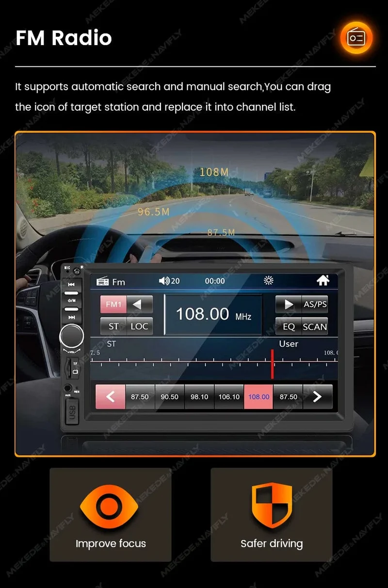 7-Zoll-HD-Touchscreen, Universal-Autoradio, MP5, Multimedia-Video-Player, unterstützt BT, SWC, TF-Kamera, FM-Radio, MirrorLink, Carplay