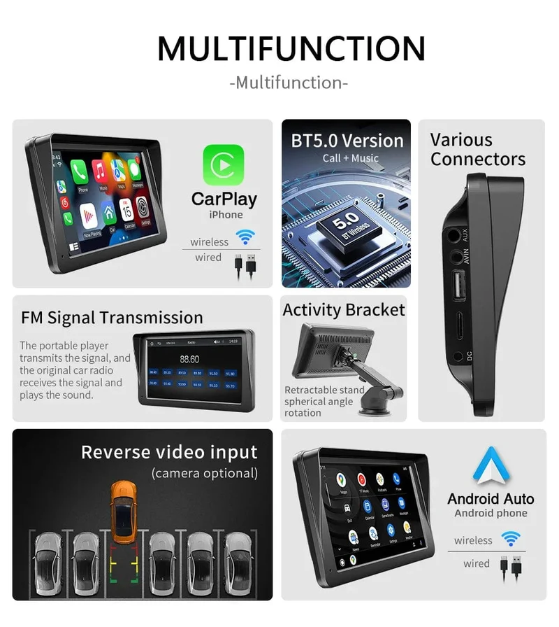 BQCC 7-Zoll-Autoradio-Multimedia-Video-Player, kabelloses Carplay und kabelloser Android Auto-Touchscreen, Sonnenblende 5300