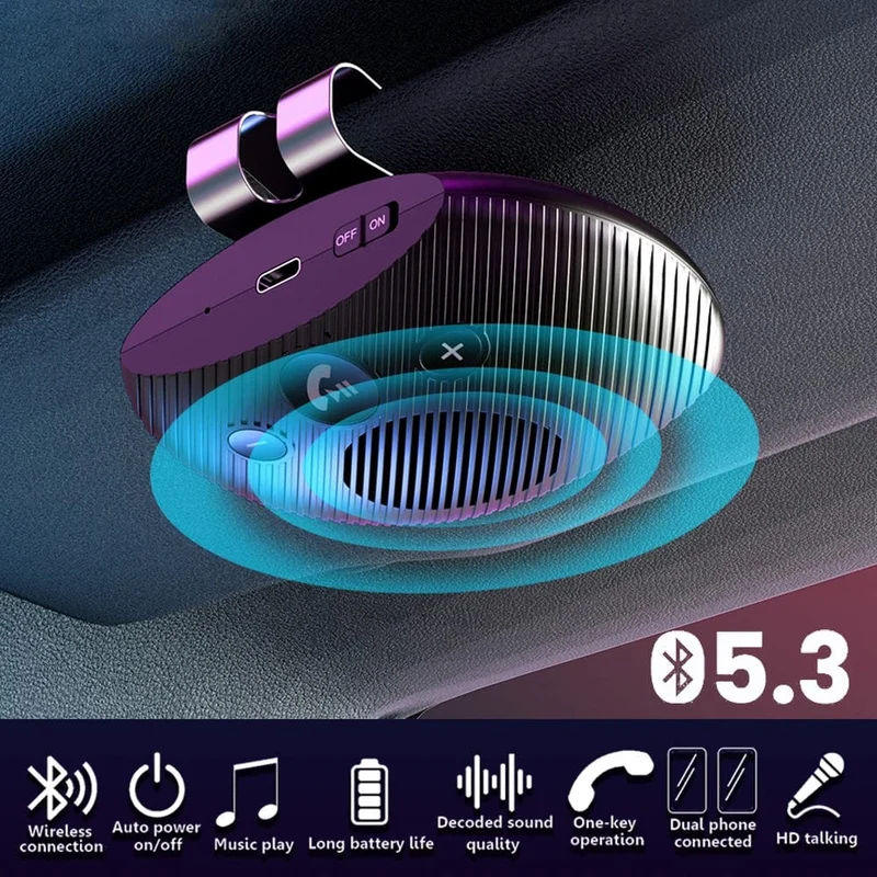 Bluetooth 5.0 Freisprecheinrichtung Hifi-Lautsprecher 2W Kabelloser Audioempfänger MP3-Musik-Player Geräuschunterdrückung Sonnenblendenclip