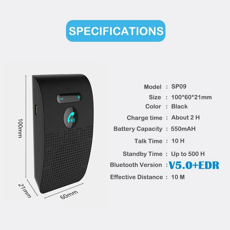 Bluetooth 5.0 Freisprecheinrichtung Hifi-Lautsprecher 2W Kabelloser Audioempfänger MP3-Musik-Player Geräuschunterdrückung Sonnenblendenclip