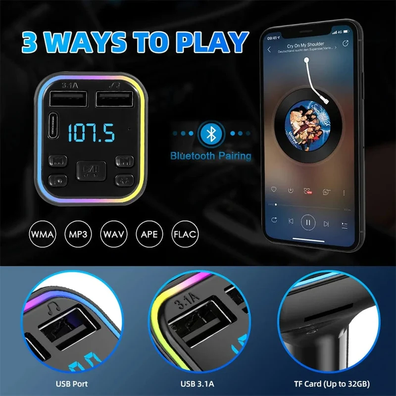 G38 Auto-Audioadapter FM-Transmitter Musikempfänger-Kit Wireless Extender-Lautsprecher mit LED-Leuchten Doppel-USB-Anschlüsse
