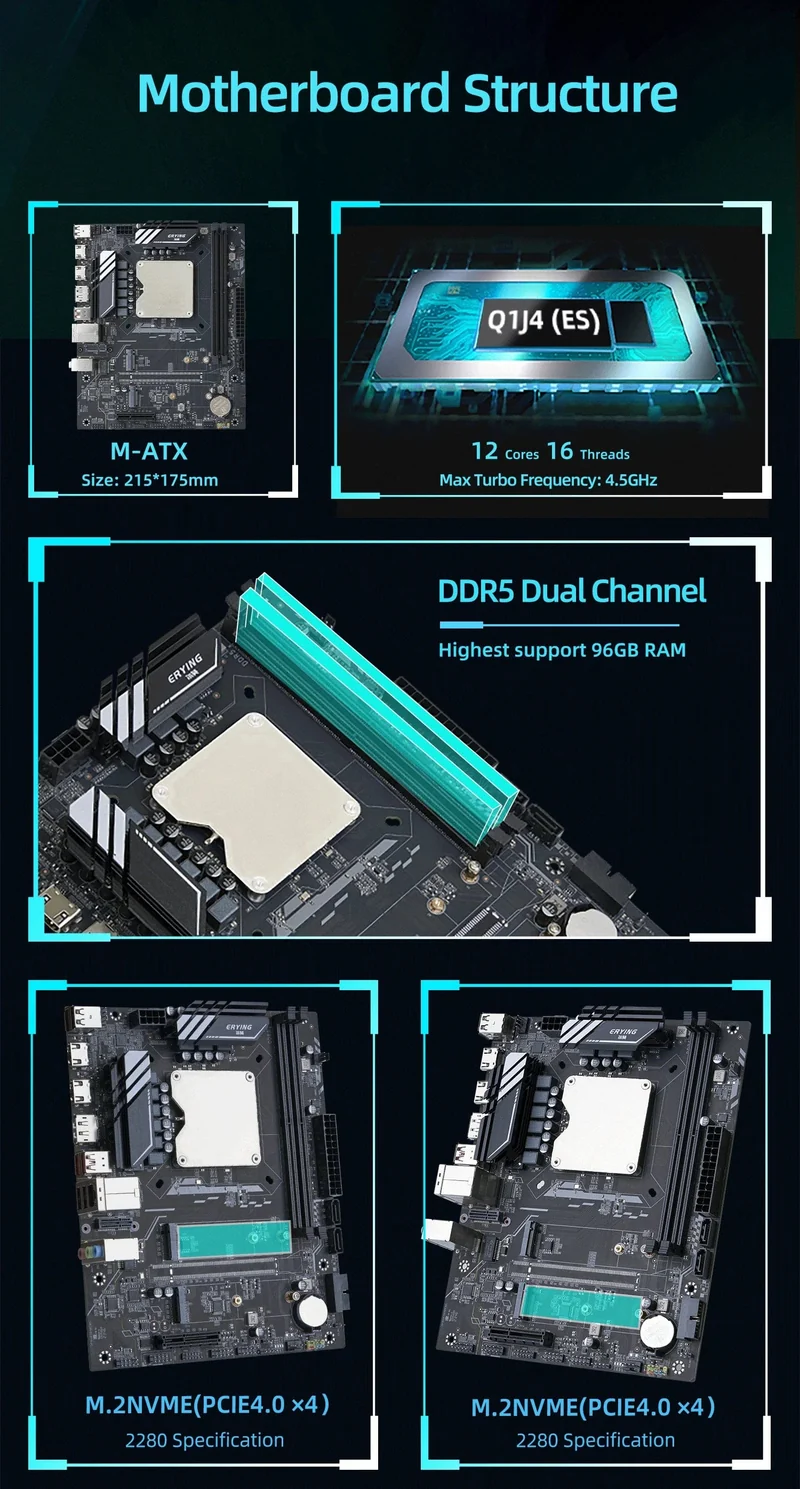 ATX DIY Desktop-Motherboard mit Onboard 13. Kit Interposer Core CPU Q1J4 (i5 ES 0000) 12C16T Iris Xe Grafik DDR5 RAM