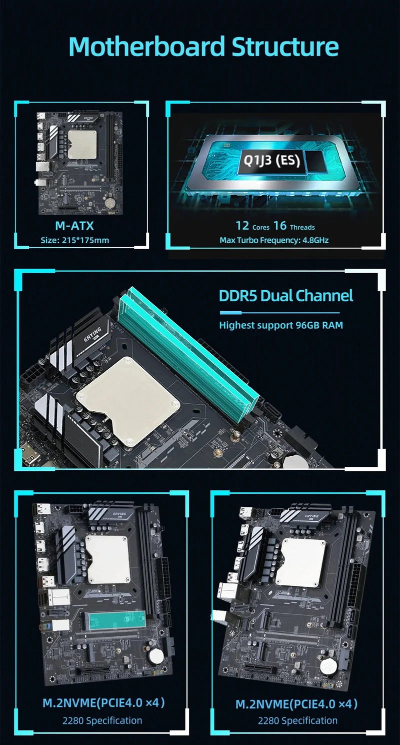 ATX DIY Desktop-Motherboard mit Onboard 13. Kit Interposer Core CPU Q1J3 (i7 ES 0000) 12C16T Iris Xe Grafik DDR5 RAM