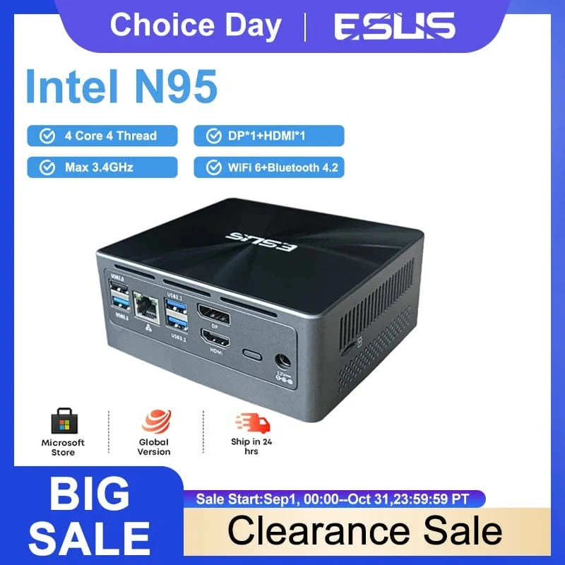 ESUS Mini-PC Intel 11. Generation N95 Mini-Pocket-PC N95 1000M WiFi6 PC Gamer Desktop-Gaming-PC Computer Win 11 DIY-Gaming-Computer