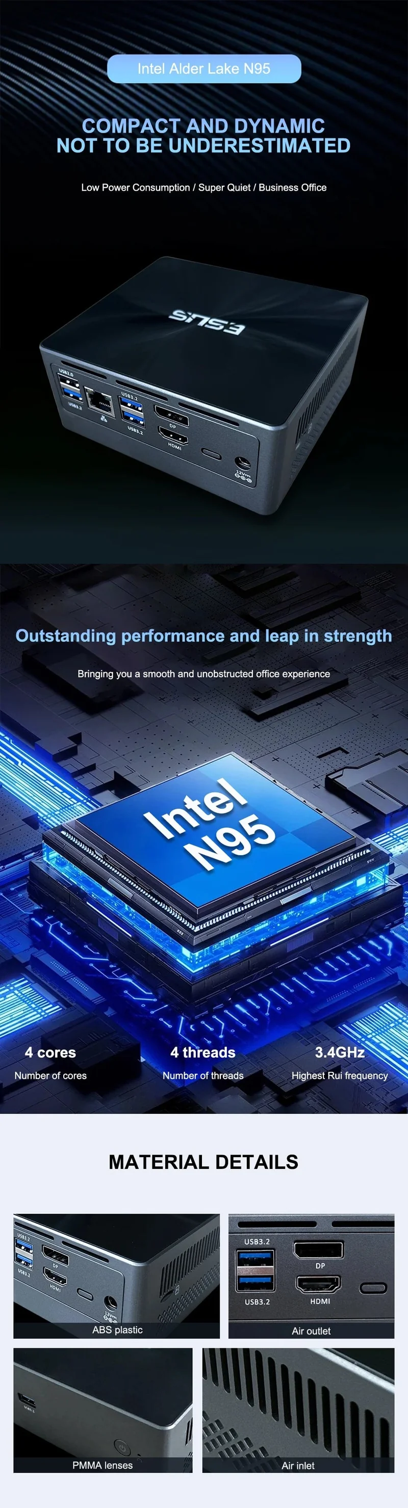 ESUS Mini-PC Intel 11. Generation N95 Mini-Pocket-PC N95 1000M WiFi6 PC Gamer Desktop-Gaming-PC Computer Win 11 DIY-Gaming-Computer