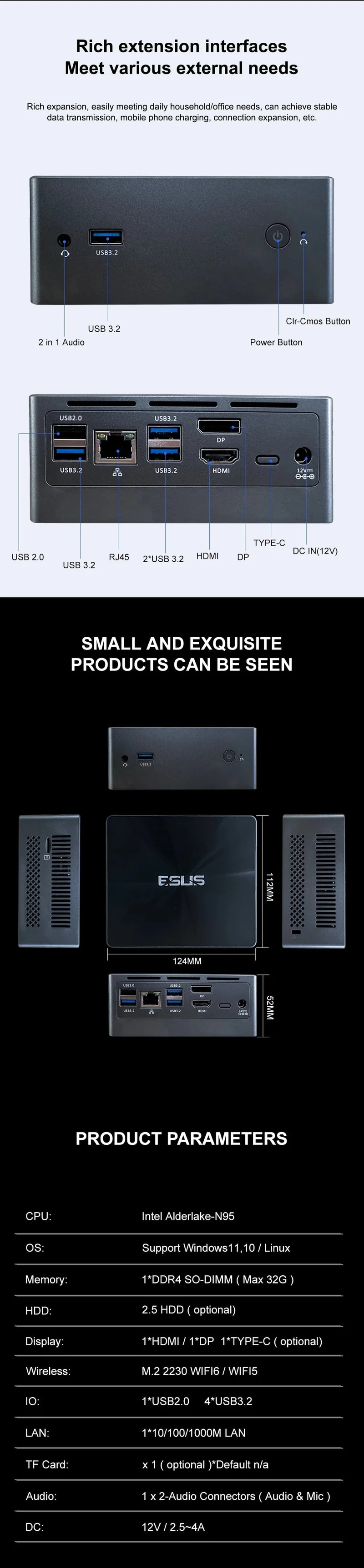 ESUS Mini-PC Intel 11. Generation N95 Mini-Pocket-PC N95 1000M WiFi6 PC Gamer Desktop-Gaming-PC Computer Win 11 DIY-Gaming-Computer