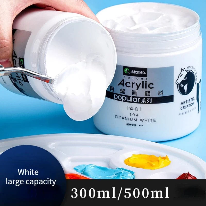 300 ml weiße Acrylfarben in großen Gläsern für Wandmalereien ohne Farbverlust. Wasserfest und mit Sonnenschutz. Künstlerbedarf