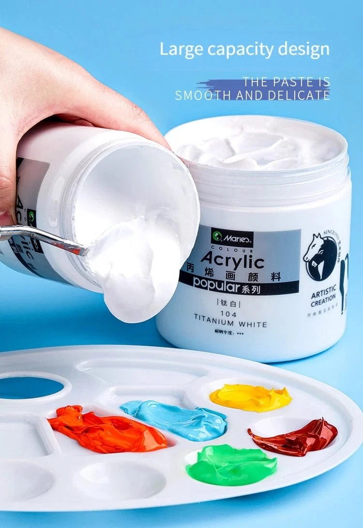300 ml weiße Acrylfarben in großen Gläsern für Wandmalereien ohne Farbverlust. Wasserfest und mit Sonnenschutz. Künstlerbedarf