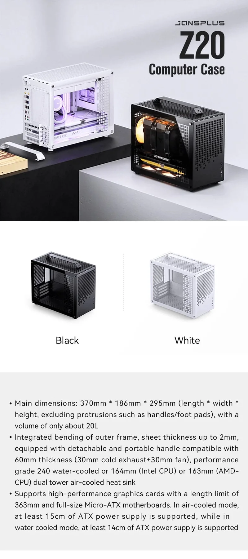 JONSBO Z20 Weiß Schwarz MATX ATX Chassis 20L Abnehmbare Griff PC Fall 163mm Luftgekühlten Grafikkarte Typ-C Desktop 컴퓨터 케이스 Fall