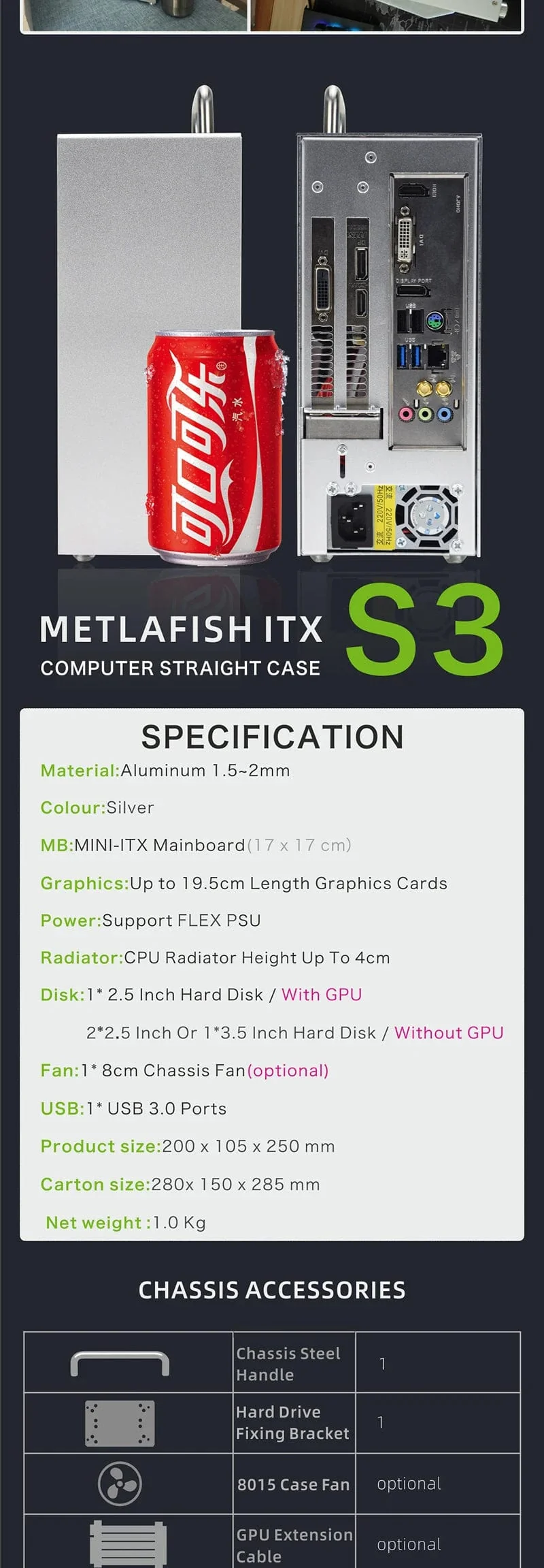 METALFISH S3 MINI ITX Fall Aluminium 5 Liter PC Gaming Kleine Chassis Mit Griff Unterstützung RTX3060/13600 Computer Kompakte A4 fall