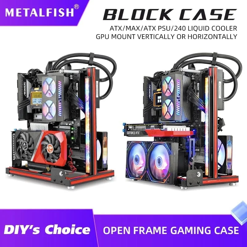 METALFISH BlockCase Aluminium Open Frame Case Unterstützt ATX/M-ATX Mainboard GPU Halterung Horizontal 240 Flüssigkeitskühler Gaming-Gehäuse
