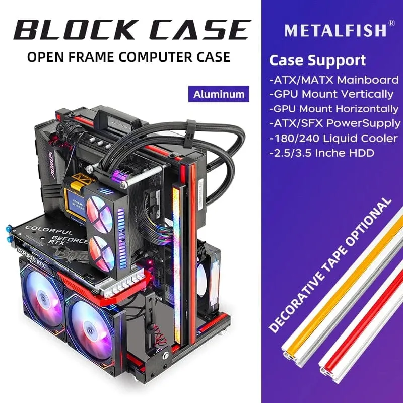 METALFISH BlockCase Aluminium Open Frame Case Unterstützt ATX/M-ATX Mainboard GPU Halterung Horizontal 240 Flüssigkeitskühler Gaming-Gehäuse