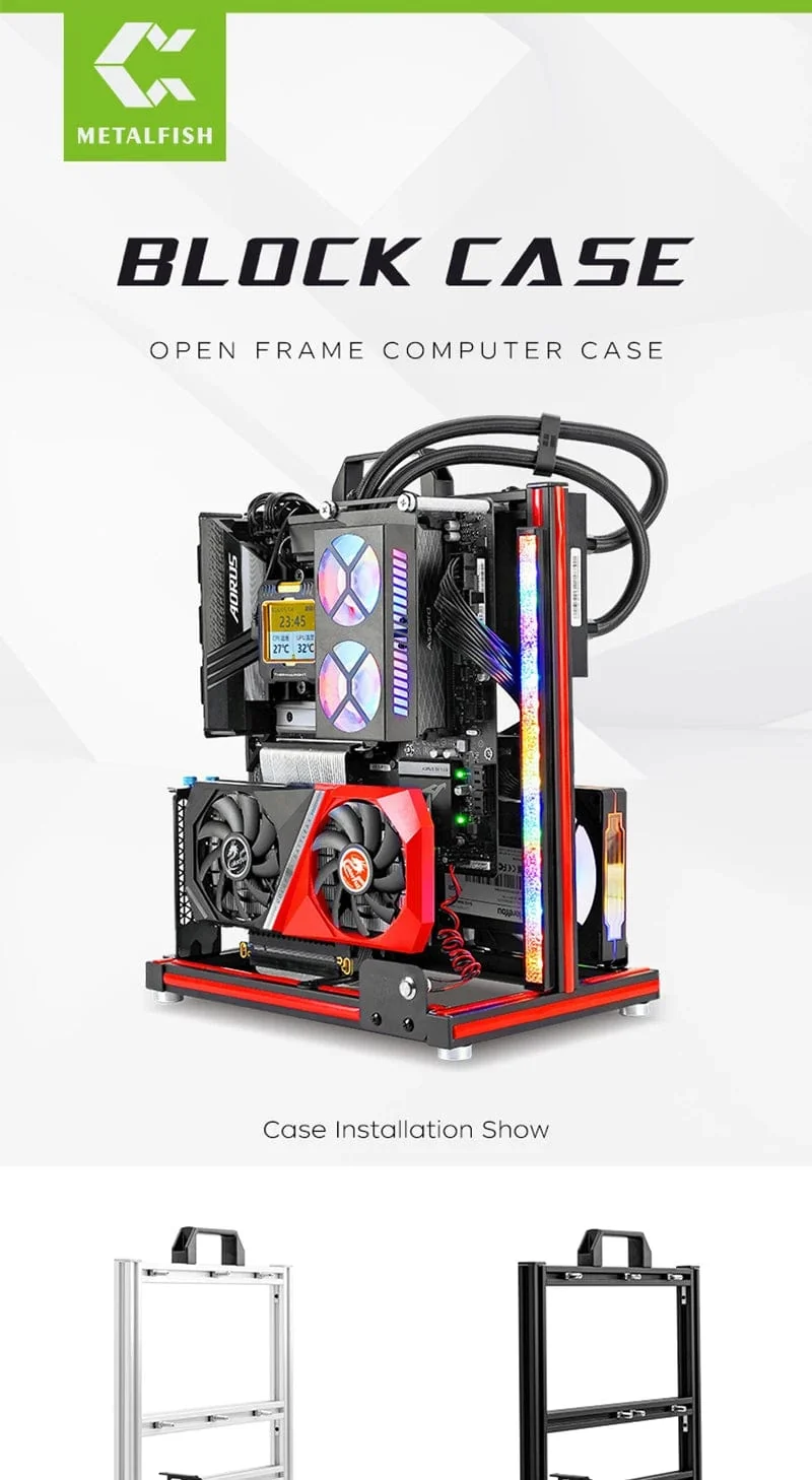 METALFISH BlockCase Aluminium Open Frame Case Unterstützt ATX/M-ATX Mainboard GPU Halterung Horizontal 240 Flüssigkeitskühler Gaming-Gehäuse