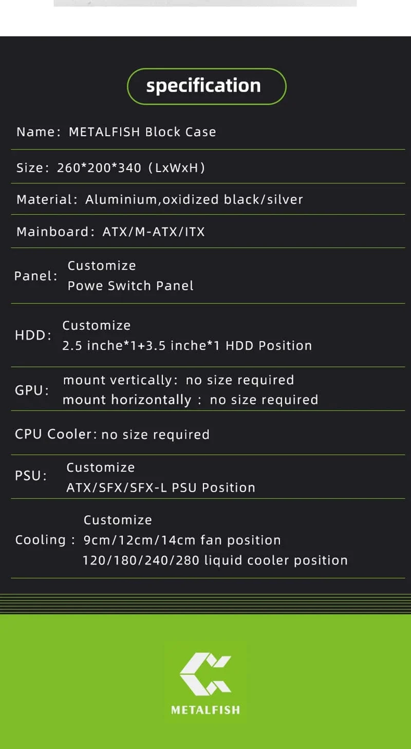 METALFISH BlockCase Aluminium Open Frame Case Unterstützt ATX/M-ATX Mainboard GPU Halterung Horizontal 240 Flüssigkeitskühler Gaming-Gehäuse
