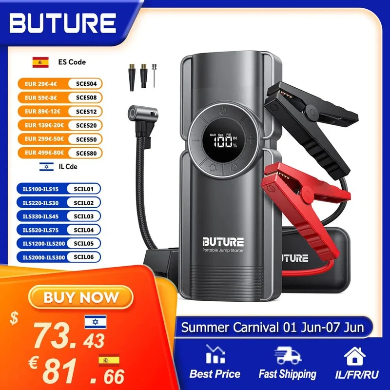 Buture 4 In 1 Starthilfe 150PSI Pumpe Luft Kompressor 20000mAh Power Bank 2500A Ausgangs Gerät 15V Digital Reifen inflator