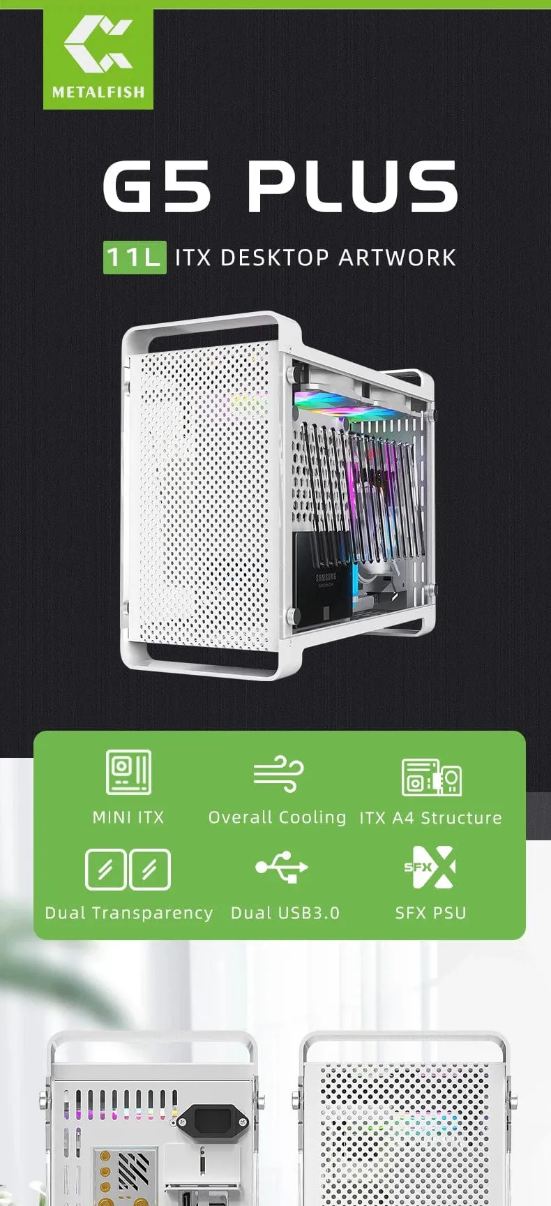 METALFISH G5 Plus Aluminium ITX Weiß Fall Koffer Tragbarer PC Gaming Computer Kleine Chassis Unterstützung SFX Netzteil/306mm GPU/12cm Lüfter