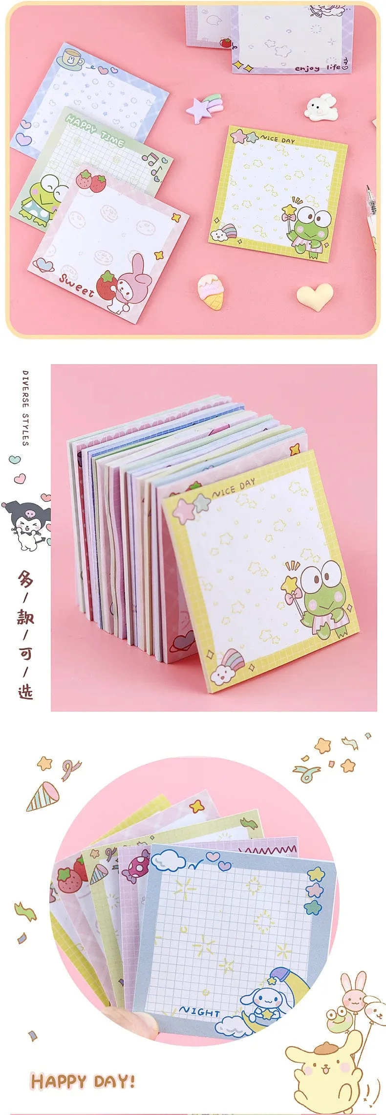 80 Blatt Sanrio Notizblock Haftnotizen Süße Melodie Pochacco Kuromi Briefpapier Etikett Notizblock Planer Aufkleber Post Schulbedarf
