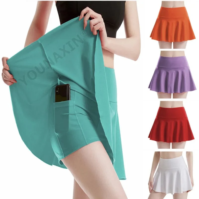 Frauen Tennis Culottes Hohe Taille Tasche Fitness Rock Training Athletisch Laufen Yoga Sport Shorts Futter Mädchen Anti-geleert