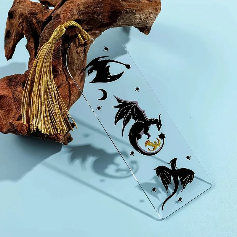 Transparentes Lesezeichen mit Drachenquasten aus Acryl, Anime-Lesezeichen mit schwarzem Drachen, Geschenk für Buchliebhaber, für Lehrer, Freunde, Kinder, Marker, Lesen