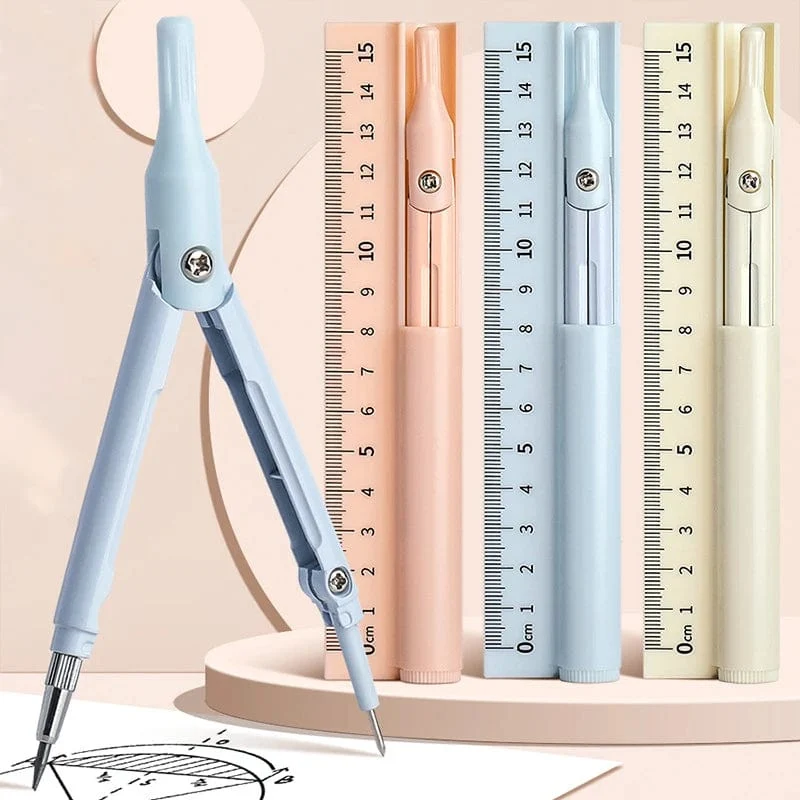 Kawaii 3-in-1-Geometrie-Set mit Lineal und Bleistift, multifunktionaler Zeichenzirkel für die Schule, mathematisches Geometrie-Werkzeug, koreanisches Briefpapier
