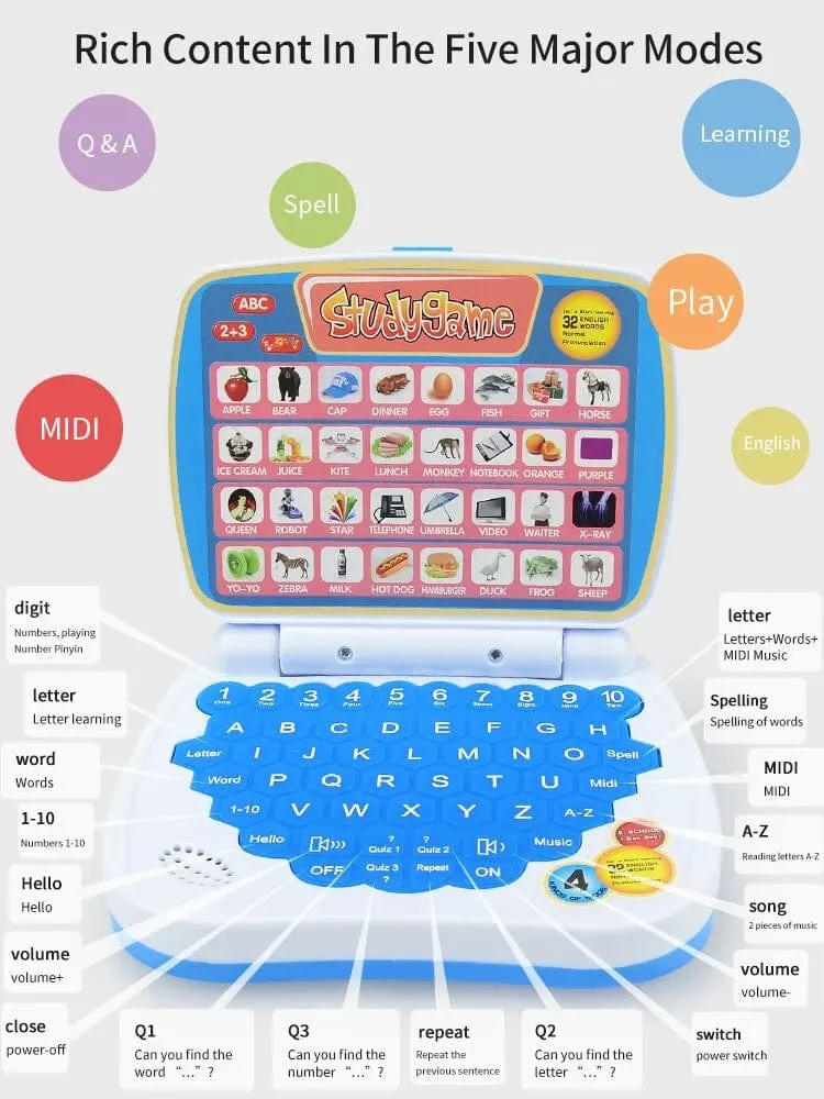 Kleines Laptop-Spielzeug zum Englischlernen für Kinder. Jungen- und Mädchencomputer für Alphabet ABC.Zahlen.Wörter.Rechtschreibung.Mathematik.Musik
