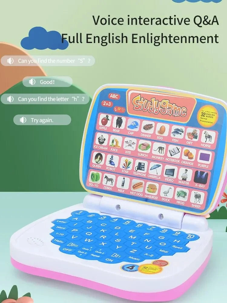 Kleines Laptop-Spielzeug zum Englischlernen für Kinder. Jungen- und Mädchencomputer für Alphabet ABC.Zahlen.Wörter.Rechtschreibung.Mathematik.Musik