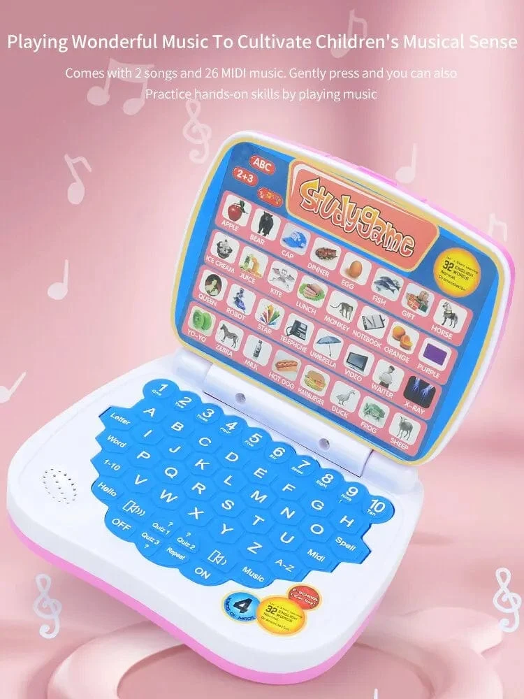 Kleines Laptop-Spielzeug zum Englischlernen für Kinder. Jungen- und Mädchencomputer für Alphabet ABC.Zahlen.Wörter.Rechtschreibung.Mathematik.Musik